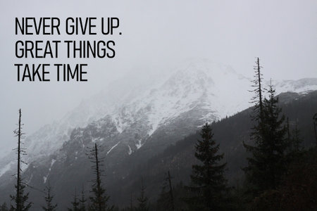 Never give up because great things take time - motivational phrase is shown using a textの写真素材