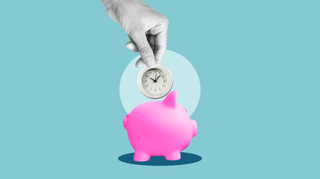 Time is Money. Savings and Retirement. Credit and Debt Management. Hand with clock and piggy bank