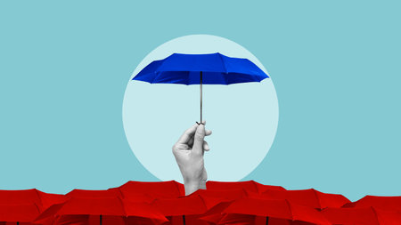 Concept of insurance, safety for people and personal goods, collapse protection are shown by collage with umbrellas. Standing out from the crowd choosing insurance planの写真素材