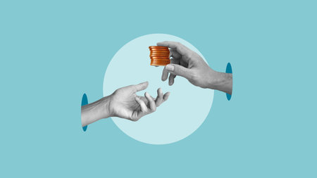 The hand gives money coins to another hand. Online money transactions and mobile payments. Mobile...