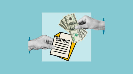 Conclusion of contract. Business deal, exchange of money for a document. Agreement and partnershipの写真素材