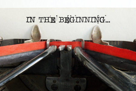 The Beginning of the story is shown using a text on the page in typewriterの写真素材