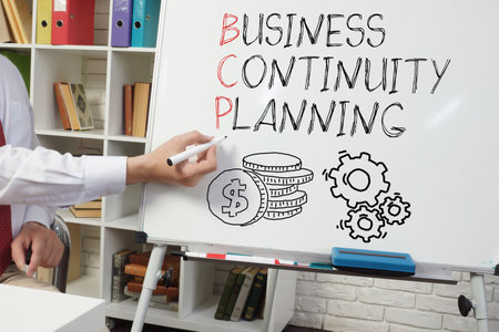 BCP business continuity planning is shown using a text on the boardの写真素材