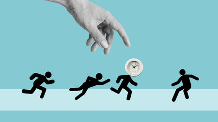Time is Running Out as time management and deadline concept. People are catching the clock which is...