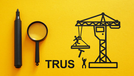 Build trust in business concept. Building a structure of blocks as the word TRUSTの写真素材