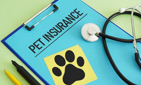 Pet insurance policy with dog's paw track. Pet safe and healthyの写真素材