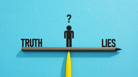 Truth vs lie are shown using the text as media literacy concept. Fake news detection and critical...