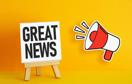 Good news and Exciting news are shown using a text Great newsの写真素材