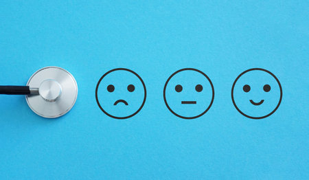 Patient experience and customer service management evaluation concept. Smiley face emoticons and stethoscopeの写真素材