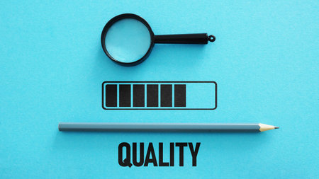 Growth success development and professional concept for high quality control and level up are shown by success bar with word Qualityの写真素材