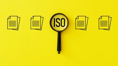Audit process concept of quality control certification, standard assurance and business management system are shown with magnifying glass focusing on ISOの写真素材