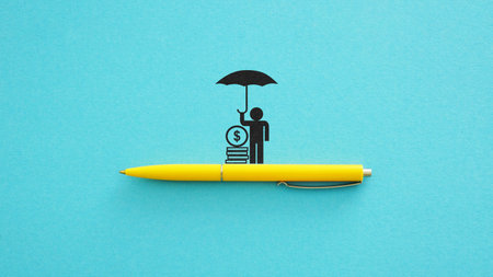 Loan insurance is shown on the conceptual business photo with a picture of man with coins under an...