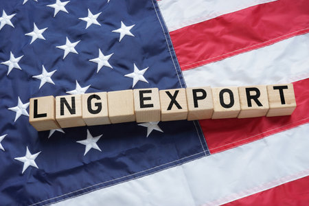 LNG export from USA and Supply of US liquefied natural gas are shown with text and American flagの写真素材