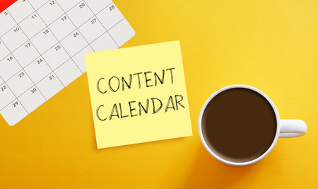 Content Calendar is shown using a text and photo of the coffee cup. Viral Content strategy and SMM social media managementの写真素材