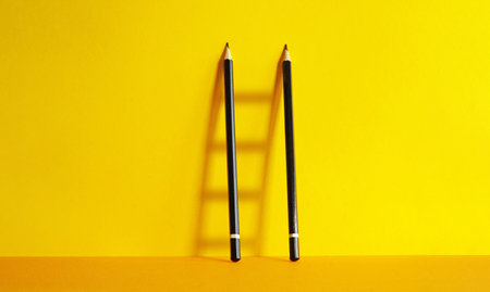 Pencils forming a metaphorical ladder symbolizing career progress on bright yellow background. Concept of creativity, vision and career growthの写真素材