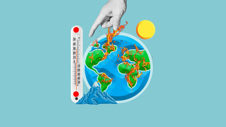 Climate change and global warming with temperature increasing is shown with the Globe of the Earth and thermometerの写真素材