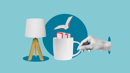 Knowledge and creativity concept - books, coffee, studying and self-development at home. Imagination...