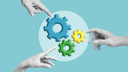 Collage with hands pushing colorful gears. Teamwork, partnership and collaboration for achieving...
