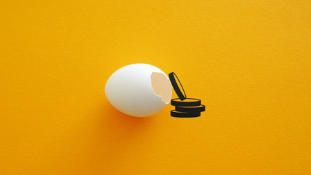 Broken Egg Investment Metaphor - Financial Crisis, Risk Exposure and Failed Savings Concept. Risky Investments, Crisis Impact and Wealth Fragilityの写真素材