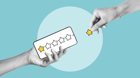 Customer complaints - Hand selects two stars rating on smartphone screen. Reputation management,...