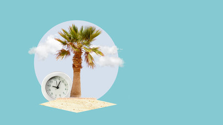 Travel and Relaxation Theme with Palm Tree and Clock on Beach Sand with Empty space for text. Holiday Countdown and Vacation Time for Restの写真素材
