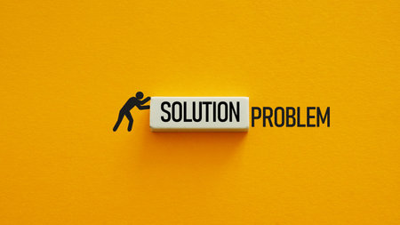 Conceptual Image of Problem Solving, Overcoming a Challenge. Man Icon is Pushing Solution Eraser to Problemの写真素材