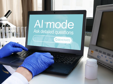 AI medical assistant concept. Doctor with laptop representing artificial intelligence performing...