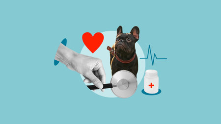 Veterinary Care Concept with Dog, Stethoscope and Medical Icons. Pet Healthcare Featuring Vet Checkup and Medical Elementsの写真素材