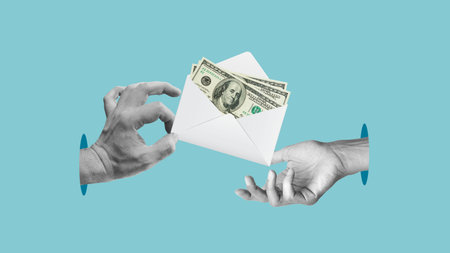 Salary or Payment Delivery with Envelope Full of Dollar Banknotes.