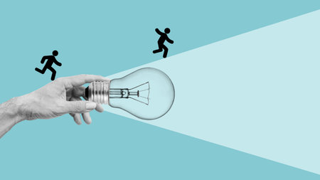 Innovation and searching for ideas - people run towards a new light bulb idea. motivation, creativity, problem-solving and success.の写真素材