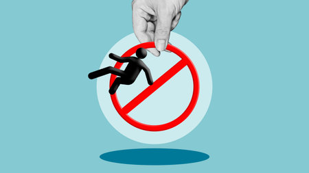 Concept of Avoiding Prohibition, Prevention of Ban and Risk Control with Human Figure Stopped by Hand and Red Ban Symbol, Safety and Restriction Metaphorの写真素材