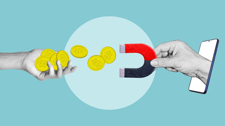 Customer attraction marketing strategy concept, hand from smartphone using magnet to pull coins from...