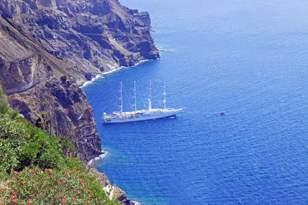 Ship at anchor in Santoriniの写真素材