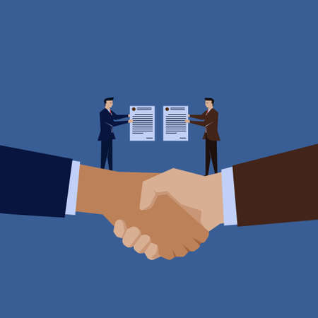 Two businessman hold the contract above the hand shake. Symbol of deal and agreement.のイラスト素材
