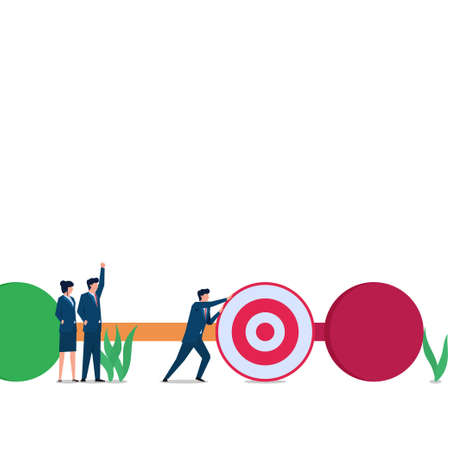 Man push target to last checkpoint metaphor of progress. Business flat vector concept illustration.のイラスト素材