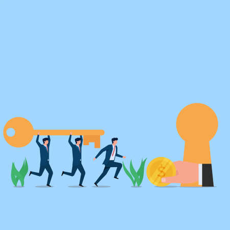 Manager and employee bring key to keyhole reward offering. Business flat vector concept illustration.のイラスト素材
