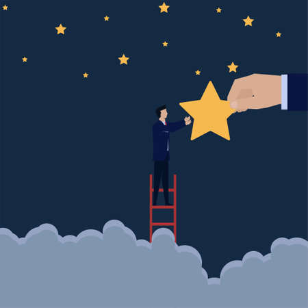Businessman climb ladder to reach star from big hand metaphor of reach your dream.のイラスト素材