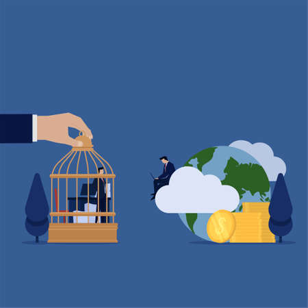 Businessman see other work freelance and get online money metaphor of compare freelance and office working.のイラスト素材