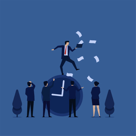 Business flat vector concept businessman juggling above clock with laptop and paperwork metaphor of...
