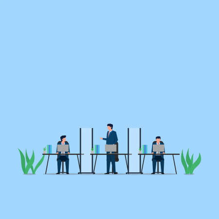 Man ask her partner through divider on side of desk metaphor of physical distancing. Business flat vector concept illustration.のイラスト素材