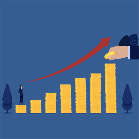 Businessman stand above coins stack see next step for career growth.のイラスト素材