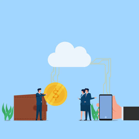 Man bring coin for payment when other want to online from cloud. Business flat vector concept illustration.のイラスト素材