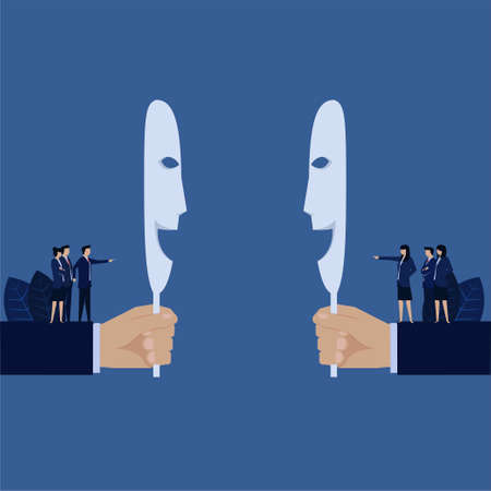 Business hand hold smiling mask while behind team blame each other metaphor of hypocrite.のイラスト素材