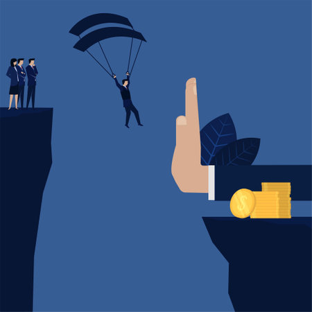 Businessman landing to coins stack but stopped by hand metaphor of profit and loss.
