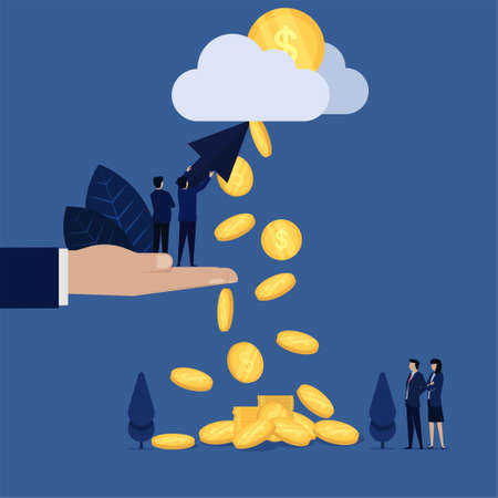 Businessman hold click and pointing cloud coins fall metaphor of pay per click.のイラスト素材