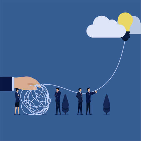 Business team release idea balloon to loosen tangled rope metaphor of problem solving.のイラスト素材