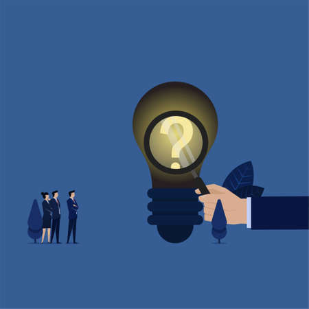 Business hand hold magnify search on idea find question mark metaphor of power of ask.のイラスト素材