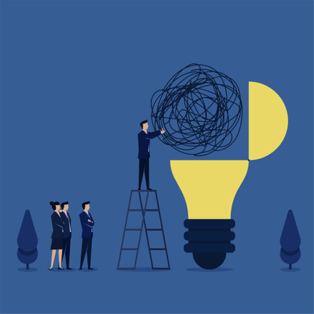 Man put tangled string on lamp metaphor of problem solving and idea. Business flat vector concept...