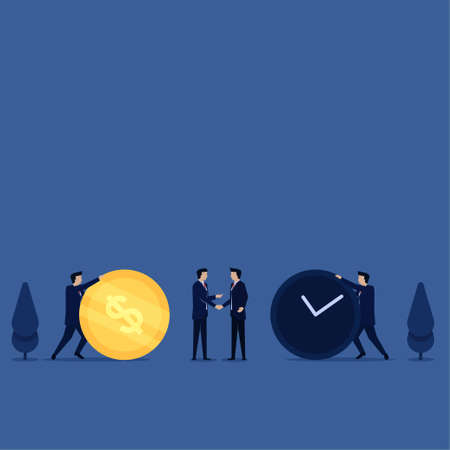 Business flat vector concept man push coin and clock for exchange metaphor of valuable time.のイラスト素材