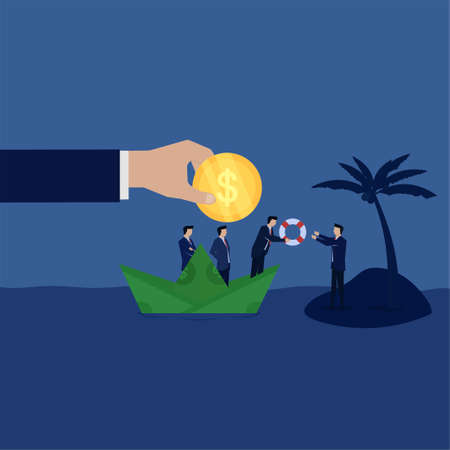Business team give lifebuoy to businessman on island metaphor of bankruptcyのイラスト素材